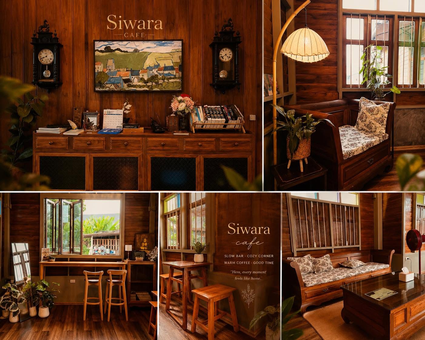 ภายในศิวรา คาเฟ่ บ้านไม้สักเก่า นาฬิกาโบราณ โซฟาไม้ / Inside Siwara Cafe, antique clock and wooden sofa
